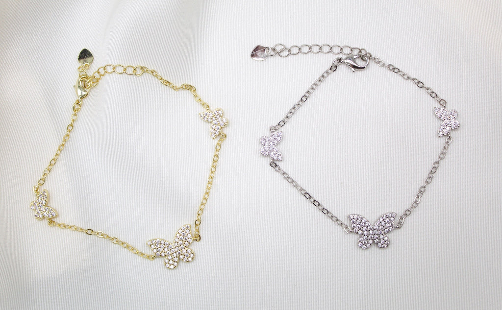18K Gold Filled Rolo Bracelet With Micro Pave Butterfly Charms (I11)