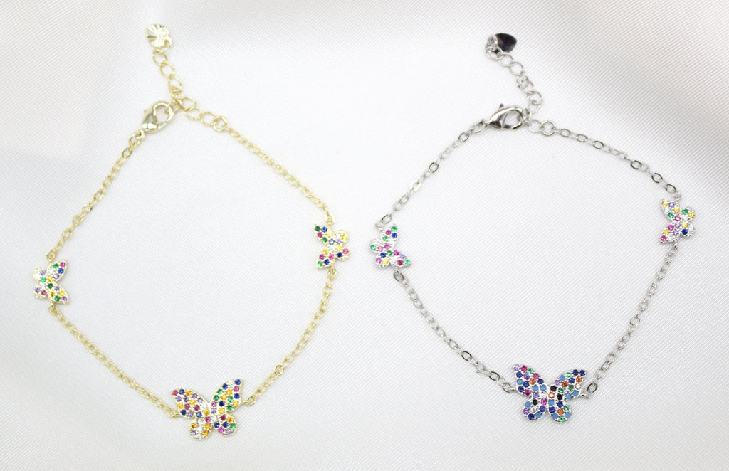 18K Gold Filled Rolo Bracelet With Multicolor Micro Pave Butterfly Charms (I11)