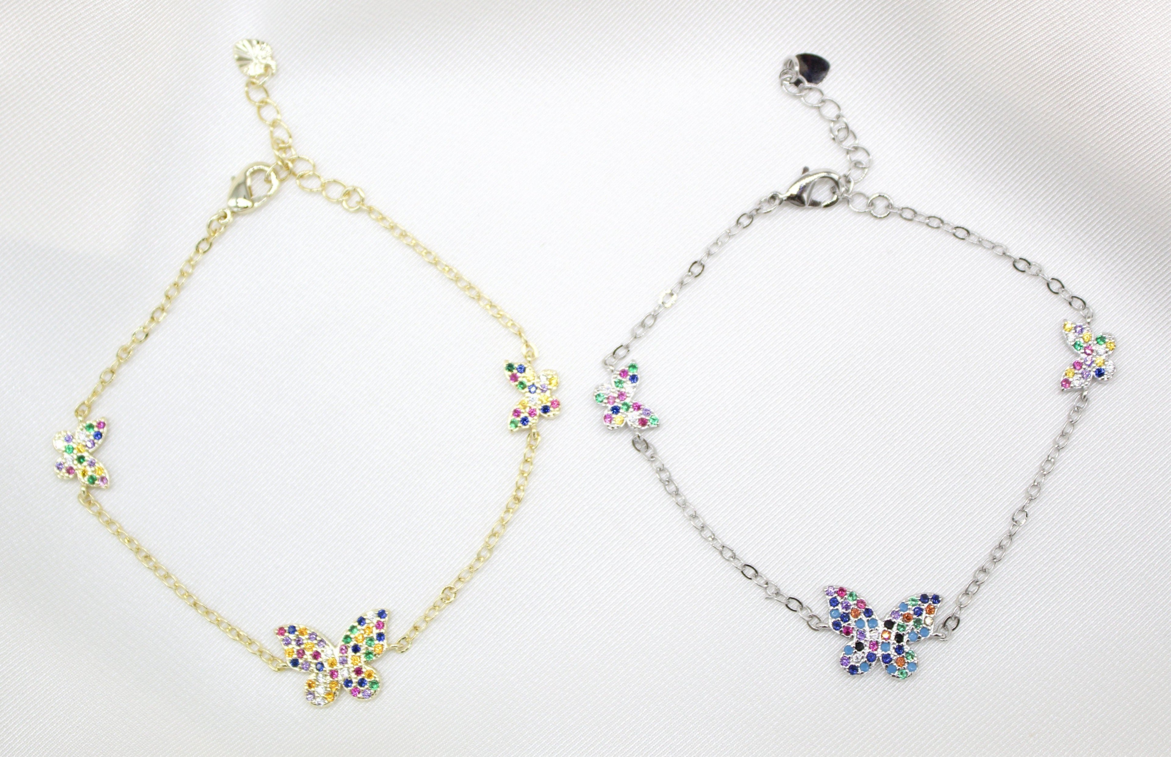 18K Gold Filled Rolo Bracelet With Multicolor Micro Pave Butterfly Charms (I11)