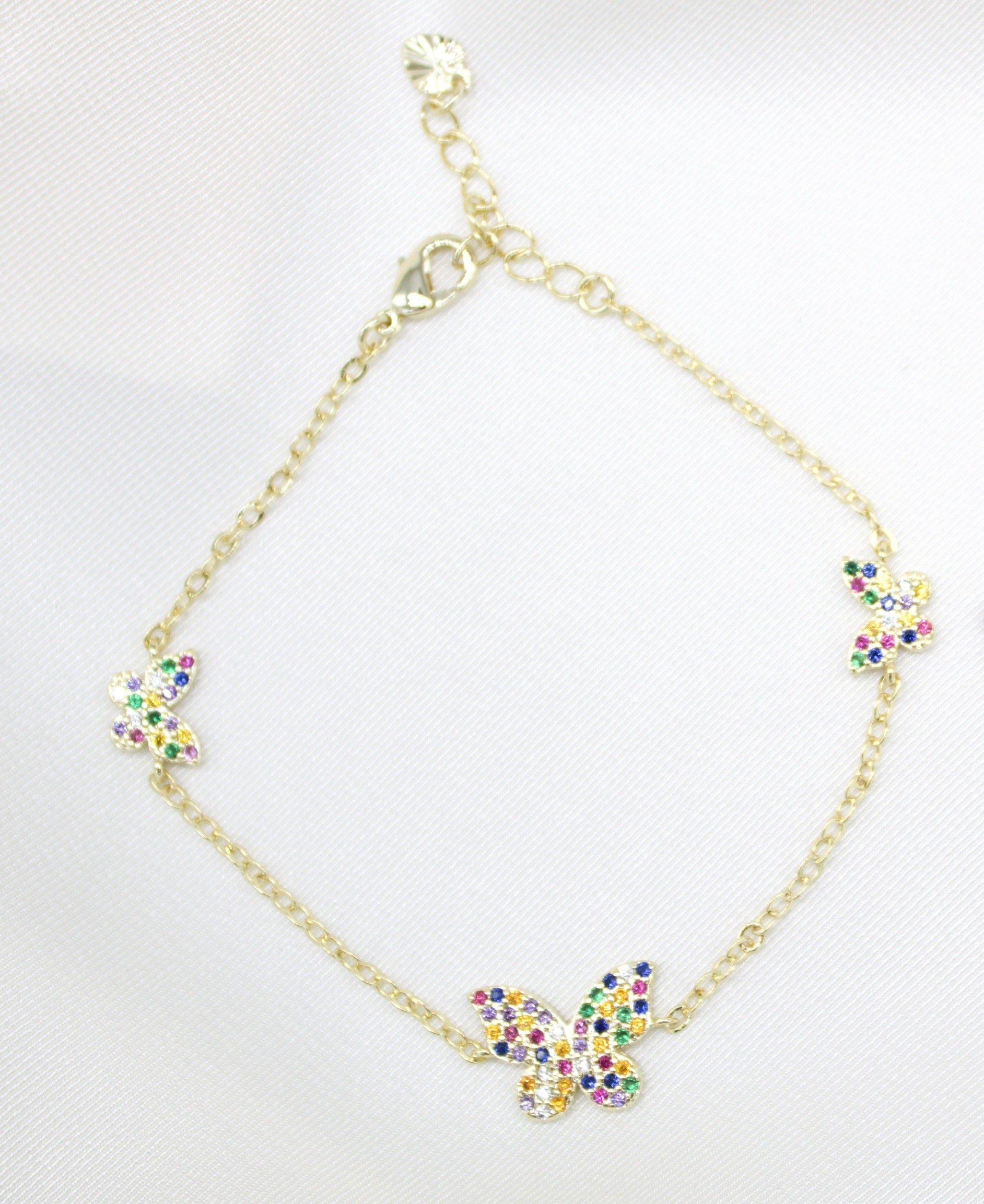 18K Gold Filled Rolo Bracelet With Multicolor Micro Pave Butterfly Charms (I11)