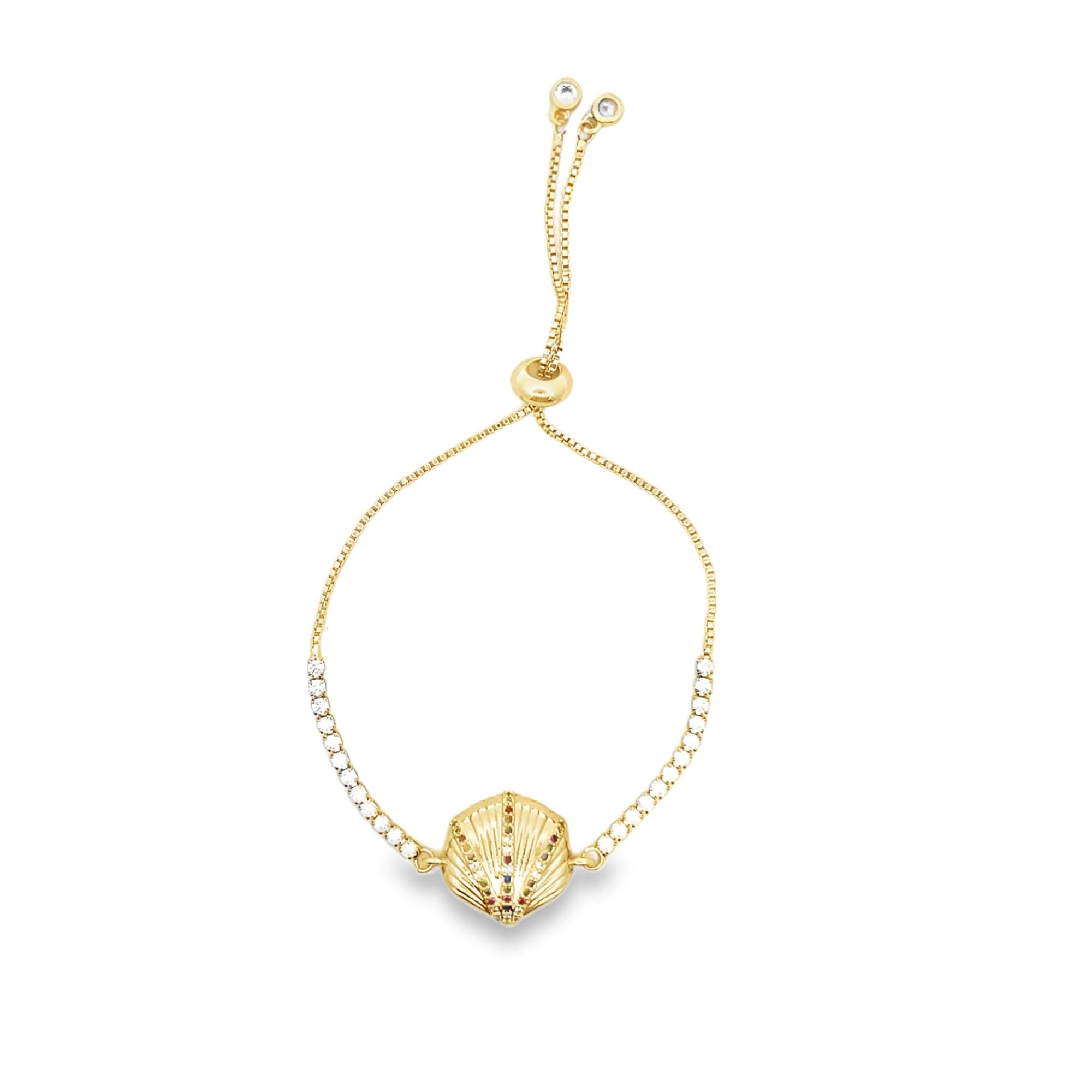 18K Gold Filled Adjustable Box Chain Bracelet With Clear and Multicolor CZ Stones And A Sea Shell Charm (I141)